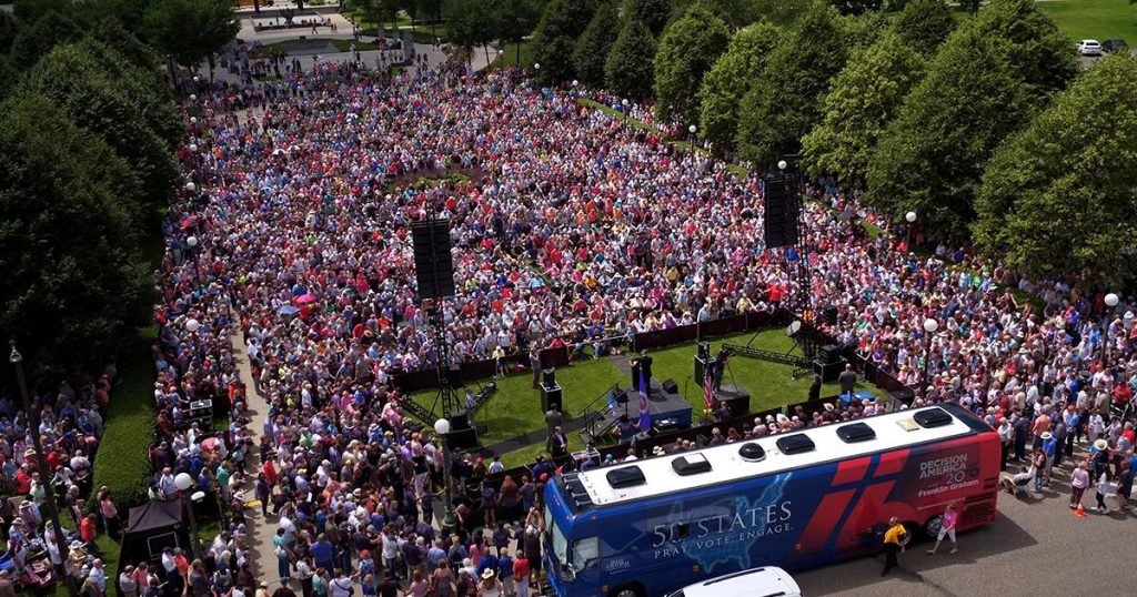 An estimated crowd of 6300 Christians gathered. We are just to the right rear of the bus and the right rear corner of the stage.